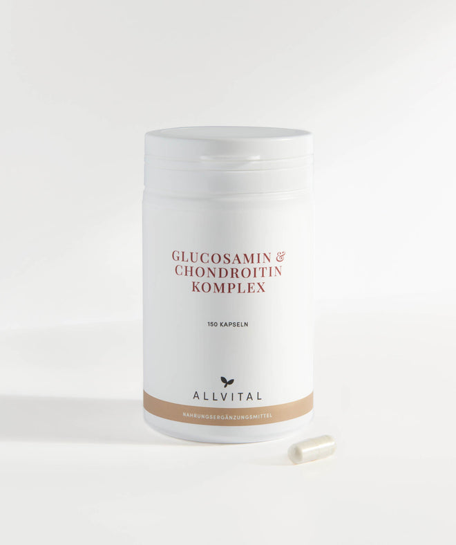 Allvital Glucosamin und Chondroitin Komplex unterstützt die Kollagenbildung und wird ergänzt mit MSM, der Aminosäure L-Lysin und den Vitaminen C, D3 und B12.  Allvital Glucosamin und Chondroitin Komplex unterstützt die Kollagenbildung und wird ergänzt mit MSM, der Aminosäure L-Lysin und den Vitaminen C, D3 und B12.