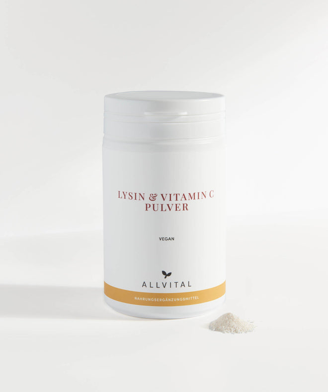 Allvital Lysin und Vitamin C Pulver vegan. Gut für die Kollagenbildung, Blutgefäße, Knochen, Knorpel, Haut und Zähne. Schützt vor oxidativen Stress. Allvital Lysin und Vitamin C Pulver vegan. Gut für die Kollagenbildung, Blutgefäße, Knochen, Knorpel, Haut und Zähne. Schützt vor oxidativen Stress.