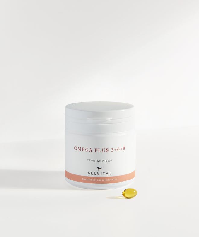 Allvital Omega Plus vegan enthält die Omega-3-Fettsäure alpha-Linolensäure, die Omega-6-Fettsäuren gamma-Linolensäure und Linolsäure und Ölsäure, eine Omega-9-Fettsäure.  Allvital Omega Plus vegan enthält die Omega-3-Fettsäure alpha-Linolensäure, die Omega-6-Fettsäuren gamma-Linolensäure und Linolsäure und Ölsäure, eine Omega-9-Fettsäure.