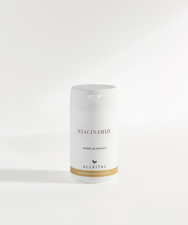 Niacinamid von Allvital enthält 500 mg Niacinamid pro Kapsel. Niacinamid fördert die Regeneration von Haut und Schleimhäuten.
