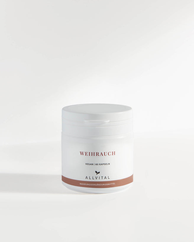 Allvital Weihrauch vegan enthält Boswellia Serrata-Extrakt mit 85% Boswelliasäuren. Zur Beruhigung und Stabilisierung des Nervensystems.